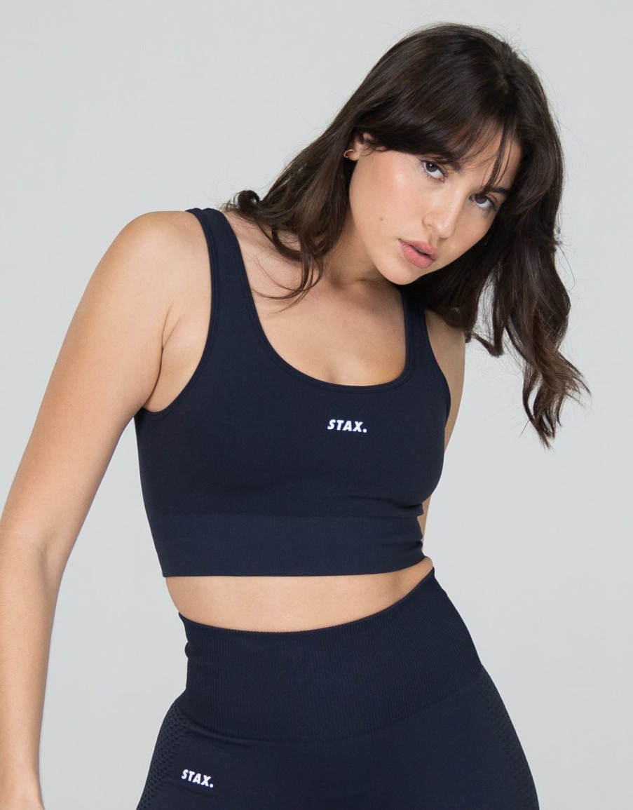 Women STAX Sports Bras & Crop Tops | Premium Seamless V6 Low Back Crop Vesper (Navy)