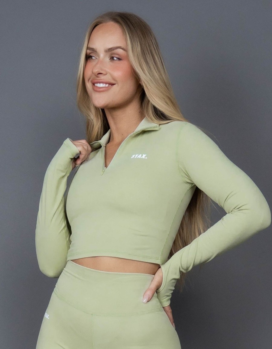 Women STAX Long Sleeve Tops | Long Sleeve Zip Crop Nandex Thistle Green