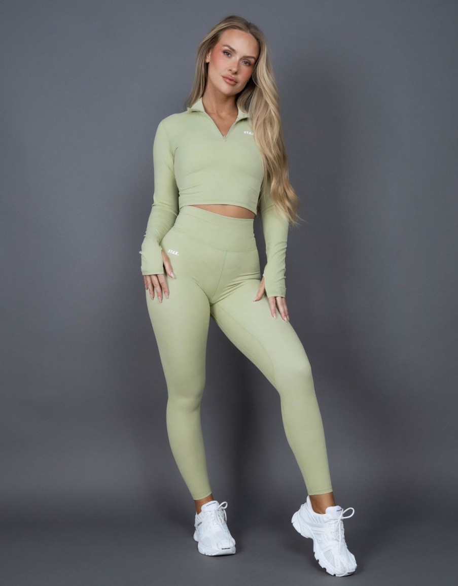 Women STAX Long Sleeve Tops | Long Sleeve Zip Crop Nandex Thistle Green