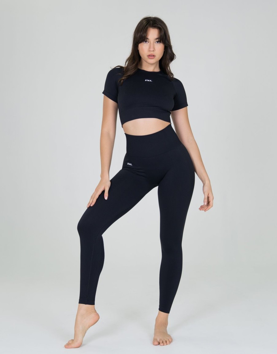 Women STAX Sports Bras & Crop Tops | Premium Seamless V6 Cropped Tee Oxford (Cool Black)