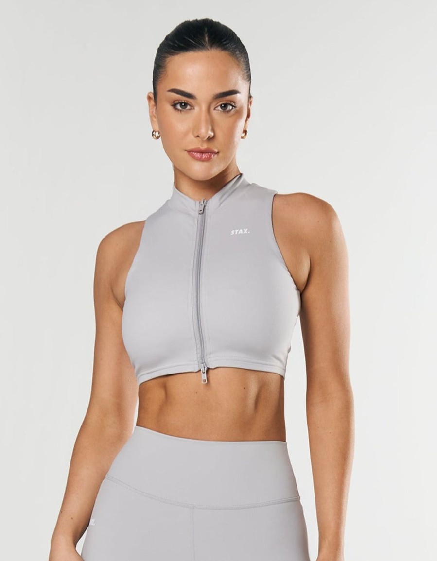 Women STAX Sports Bras & Crop Tops | Base Sleeveless Zip Tank Nandex Light Grey