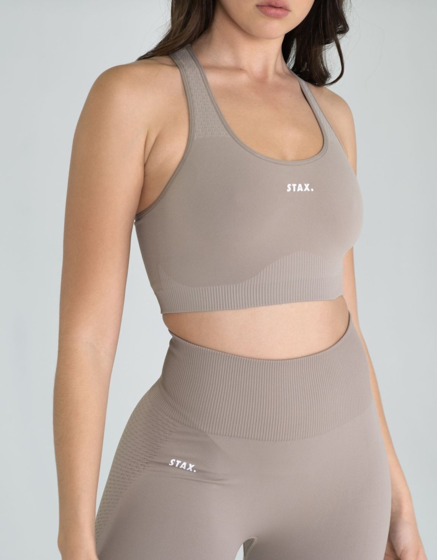 Women STAX Sports Bras & Crop Tops | Premium Seamless V6 Racer Crop Akira (Beige)