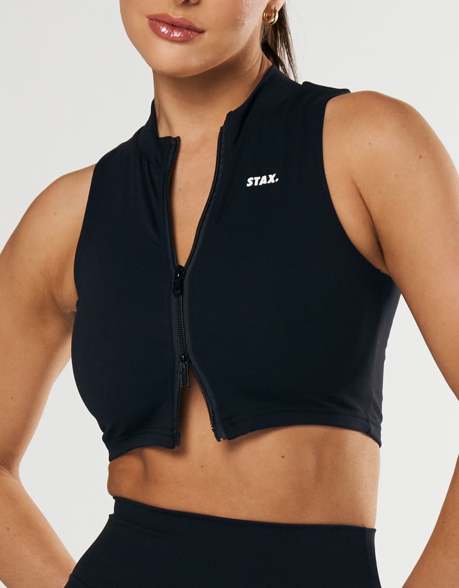 Women STAX Sports Bras & Crop Tops | Base Sleeveless Zip Tank Nandex Black