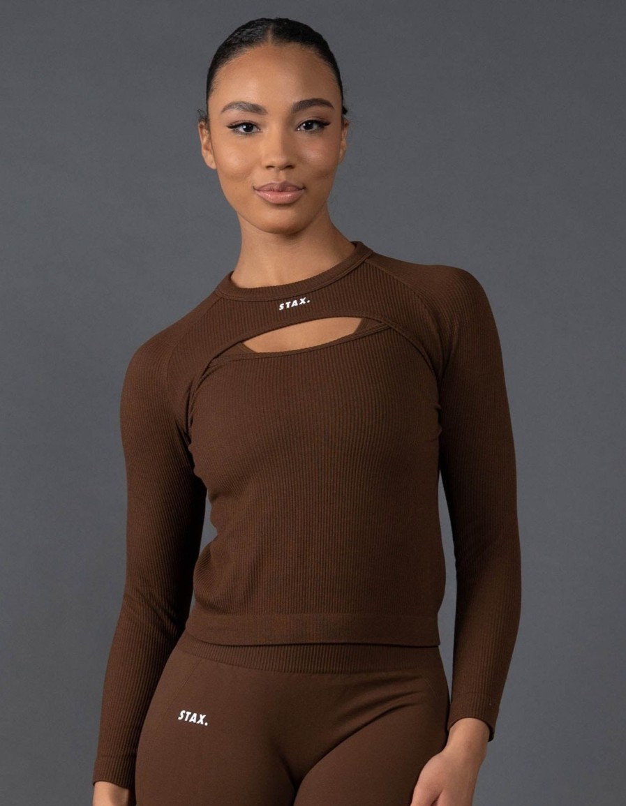 Women STAX Long Sleeve Tops | Premium Seamless Cut Out Long Sleeve Lounge V5.1 Bark