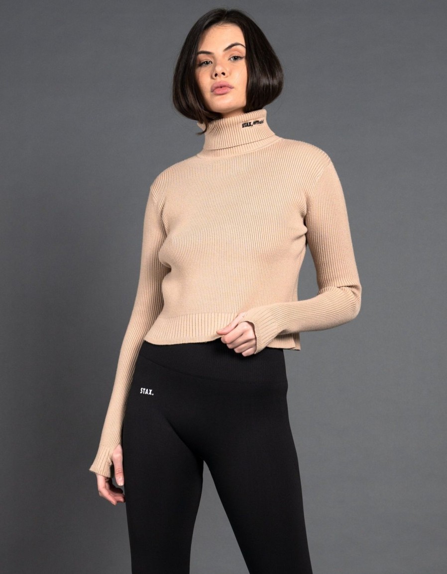 Women STAX Long Sleeve Tops | High Neck Knit Top Beige