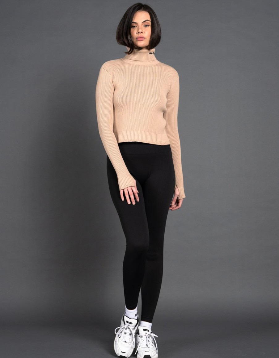 Women STAX Long Sleeve Tops | High Neck Knit Top Beige