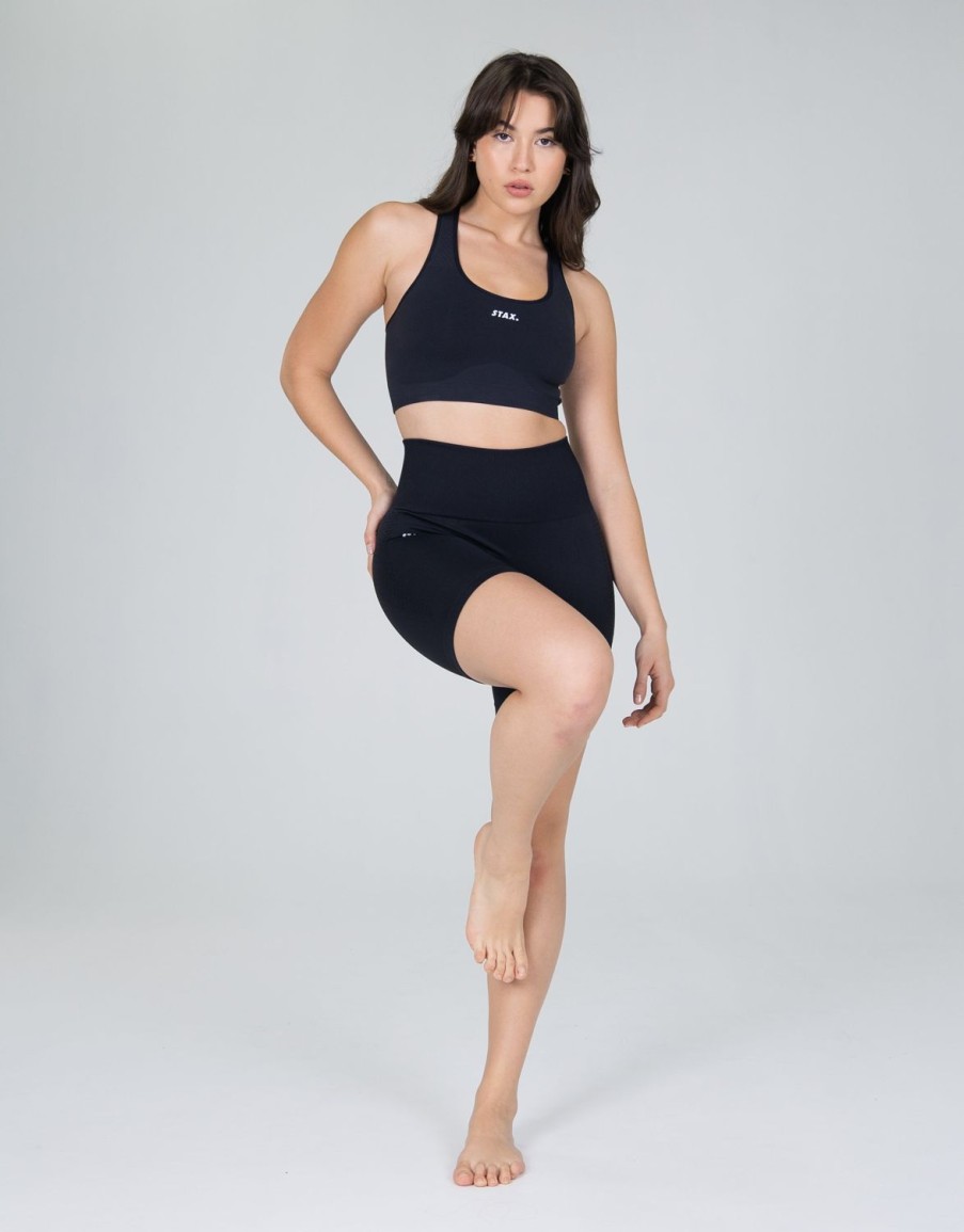 Women STAX Sports Bras & Crop Tops | Premium Seamless V6 Racer Crop Oxford (Cool Black)