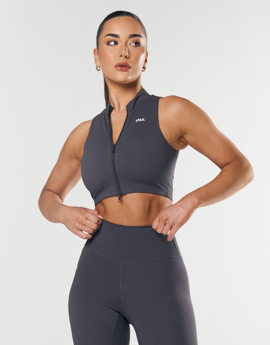 Women STAX Sports Bras & Crop Tops | Base Sleeveless Zip Tank Nandex Dark Grey