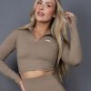 Women STAX Long Sleeve Tops | Long Sleeve Zip Crop Nandex Rocky Brown