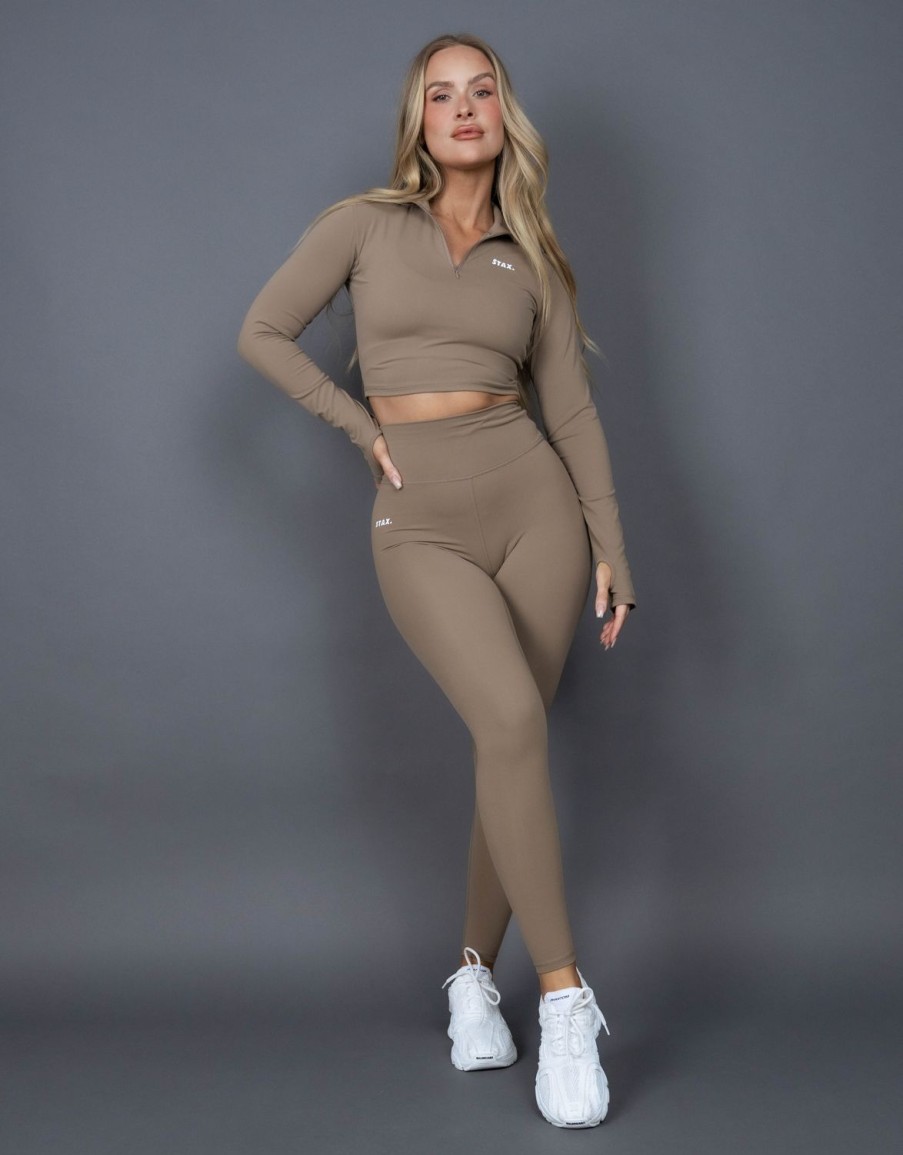 Women STAX Long Sleeve Tops | Long Sleeve Zip Crop Nandex Rocky Brown