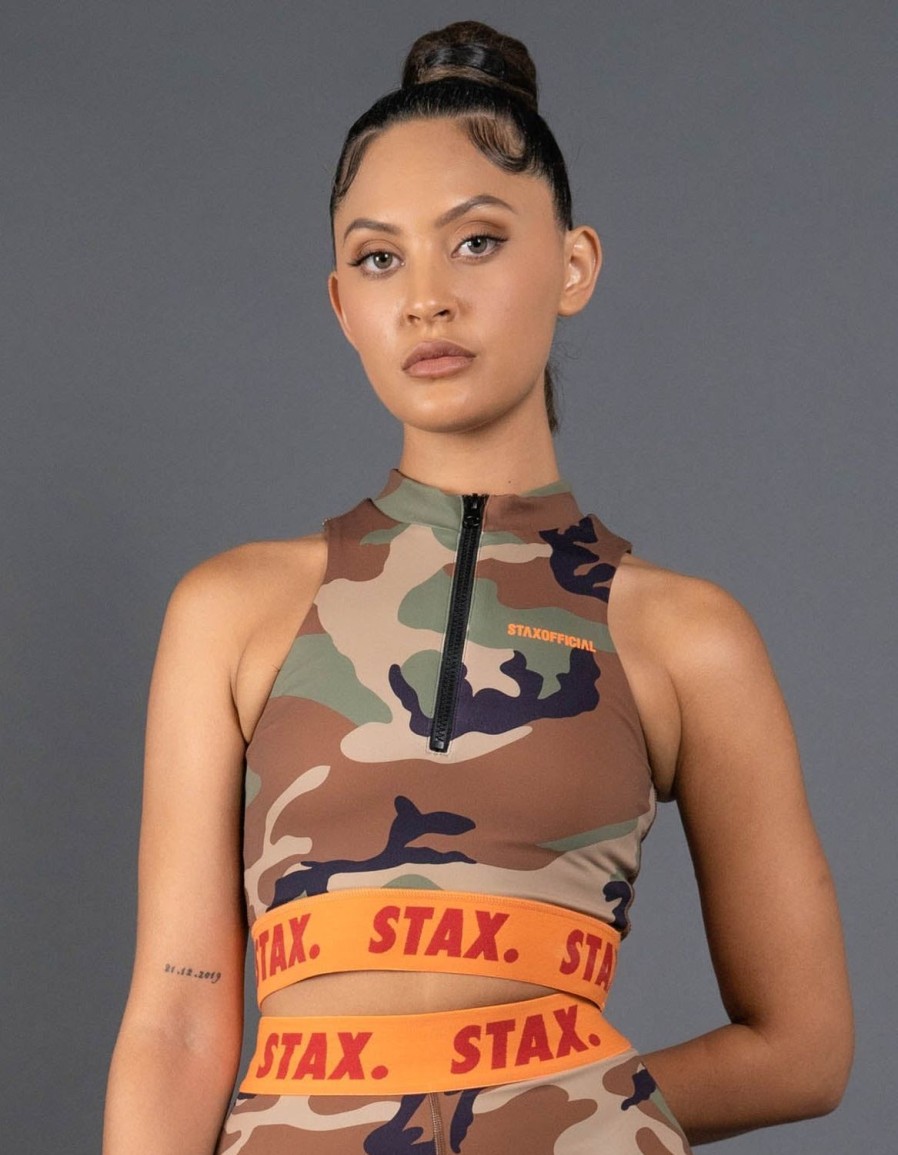 Women STAX Sports Bras & Crop Tops | Camo Wb High Neck Zip Tank Orange