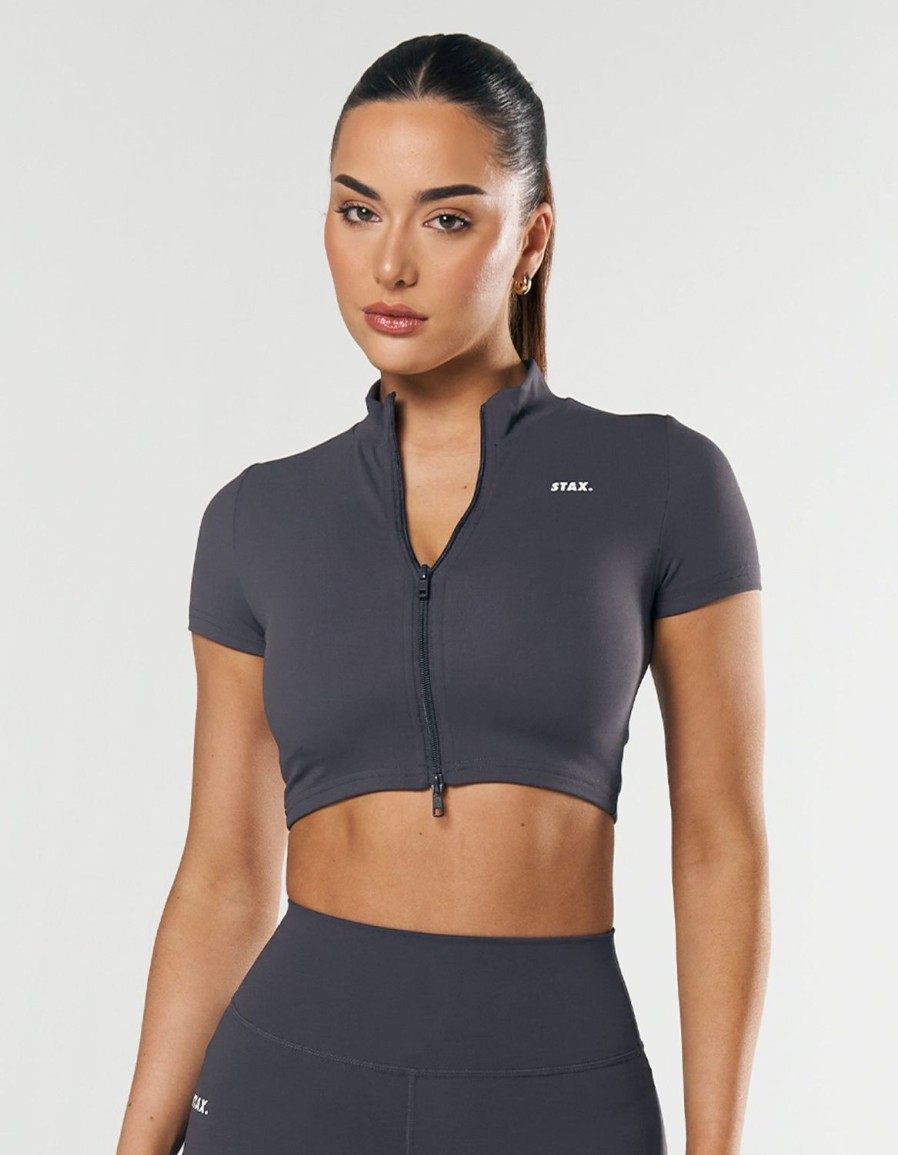 Women STAX Sports Bras & Crop Tops | Base Zip Crop Nandex Dark Grey