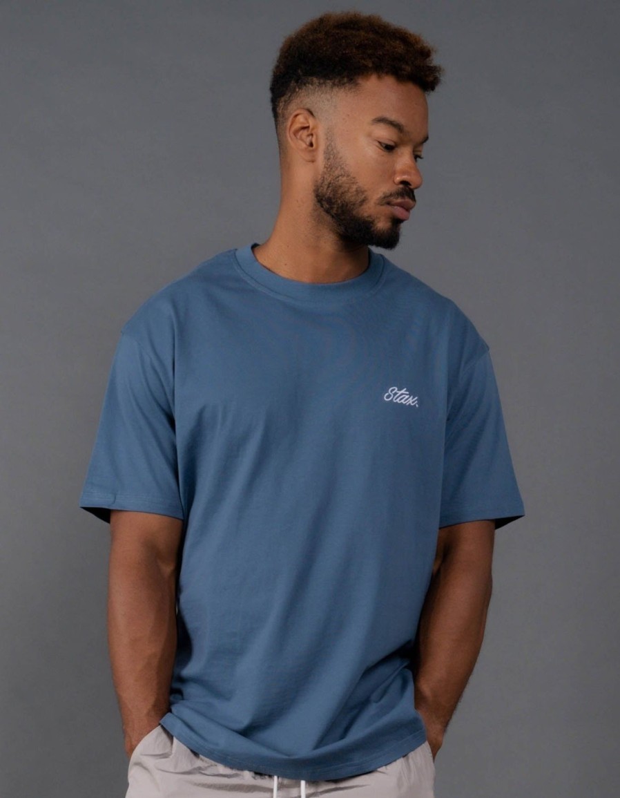 Men STAX T-Shirts & Vests | Mens Cursive Tee Azure (Slate)