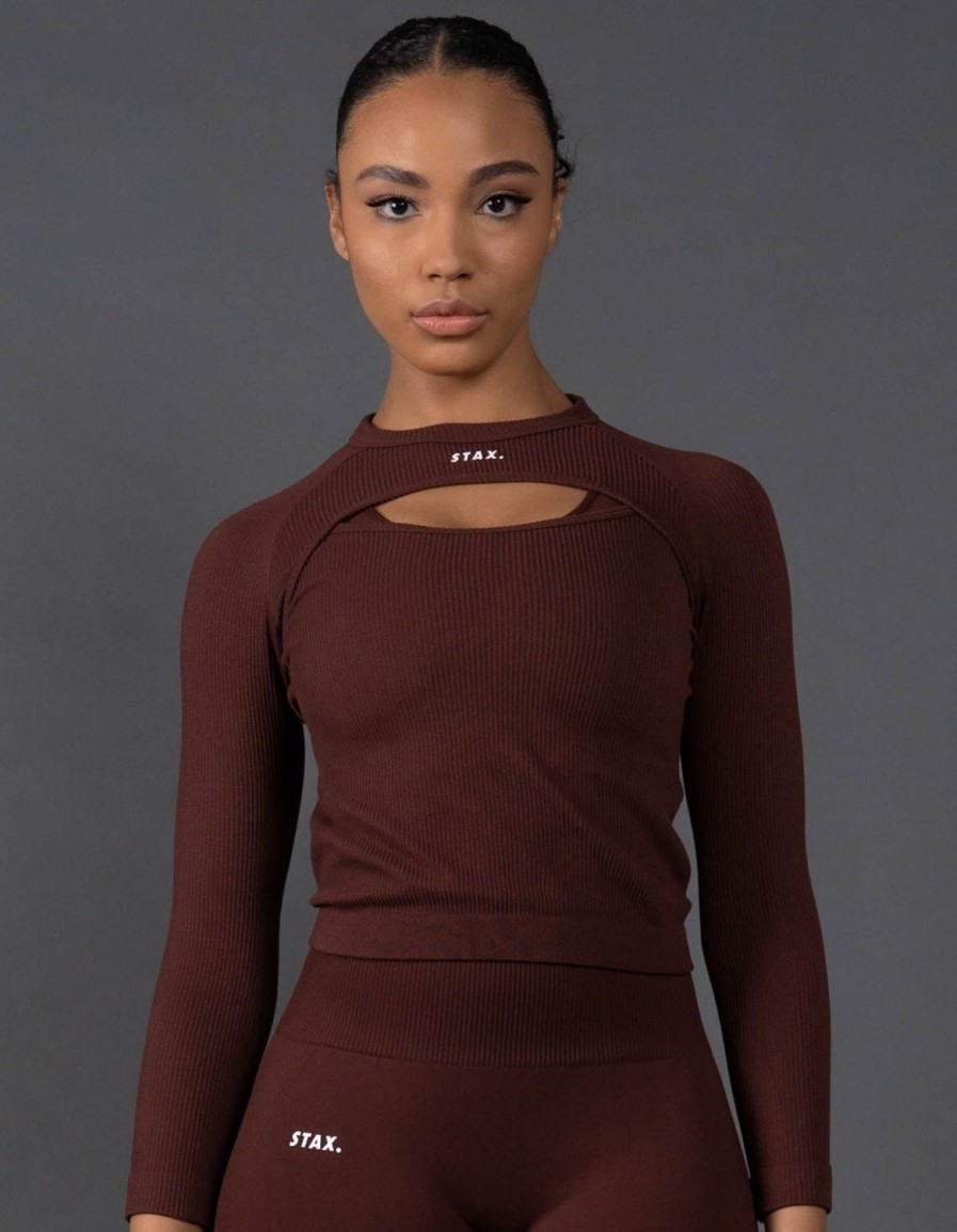 Women STAX Long Sleeve Tops | Premium Seamless Cut Out Long Sleeve Lounge V5.1 Umber