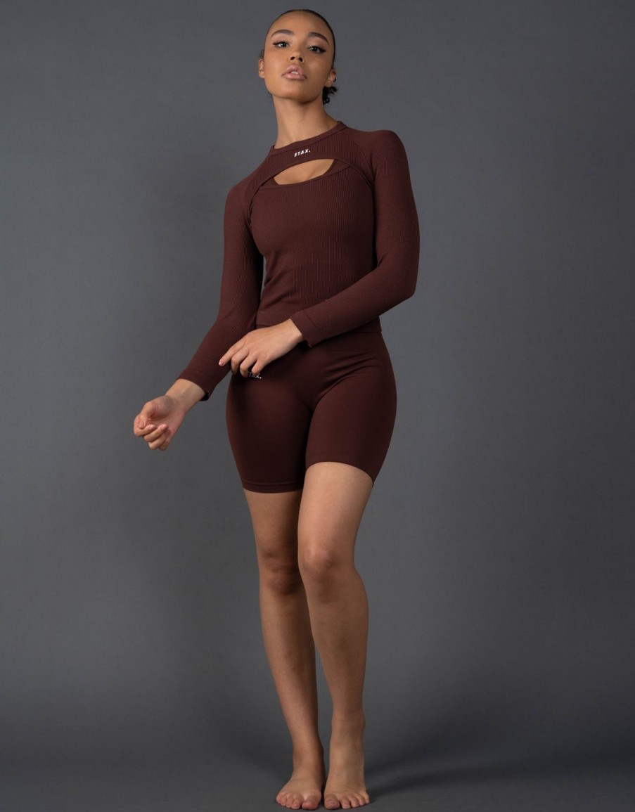 Women STAX Long Sleeve Tops | Premium Seamless Cut Out Long Sleeve Lounge V5.1 Umber