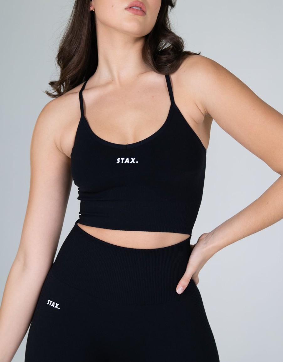 Women STAX Sports Bras & Crop Tops | Premium Seamless V6 Strappy Crop Nox (Black)